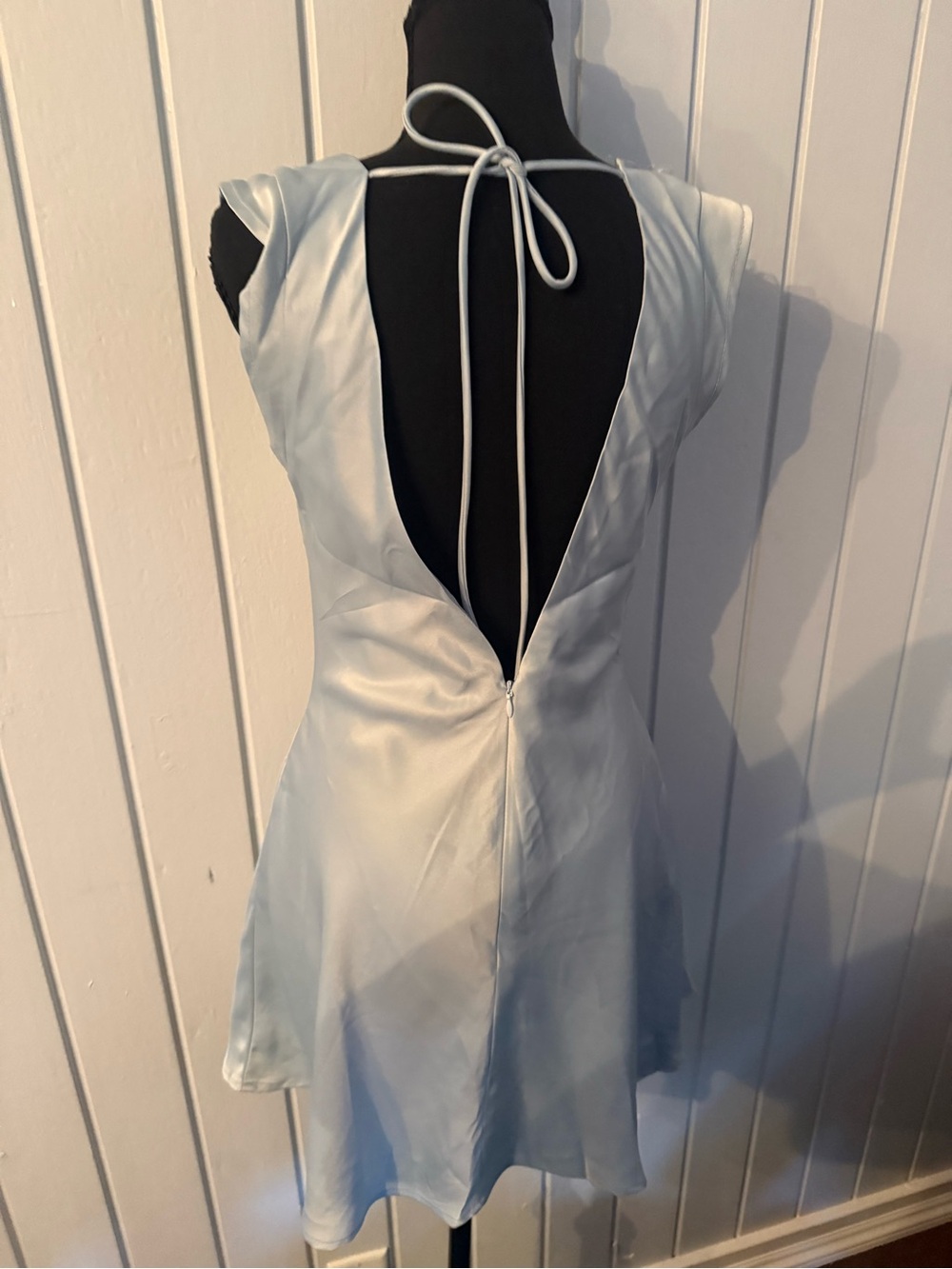 Peppermayo Light Blue Satin Open-Back Mini Dress
